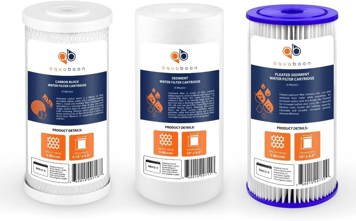 Aquaboon 5 Micron 10 x 4.5 Carbon Block Chlorine Reduction Cartrige and 2 Sediment Reduction Water Filter - Whole House Water Filter Replacement, 1-Pack