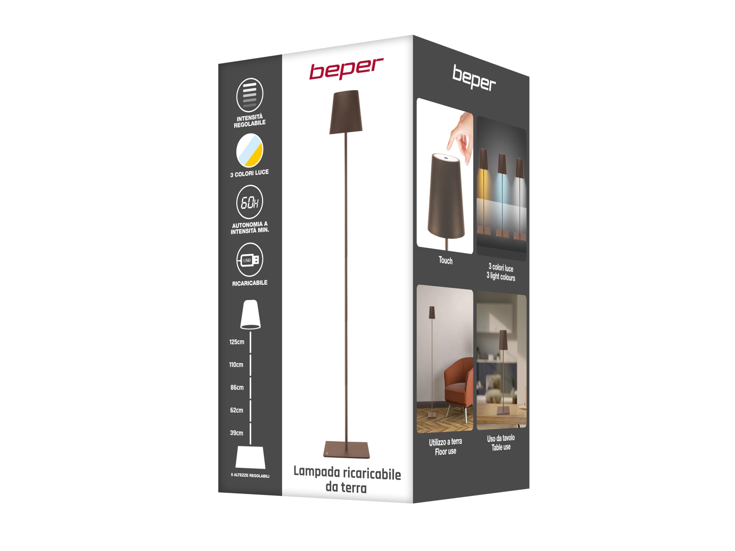 BEPER P201UTP405 XL Lampa Podłogowa z Regulacją Wysokości, Lampa Biurkowa 2.5W, Kabel USB Typu C do Ładowania, 3 Klosze, Corten