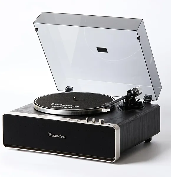 VATAVION Vinyl Record Player with Speakers, High Fidelity Bluetooth Belt Drive Turntables for Vinyl Records, Magnetic Cartridge AT-3600L, Belt Drive 2-Speed, Auto Stop & Warm Light Design (Black)