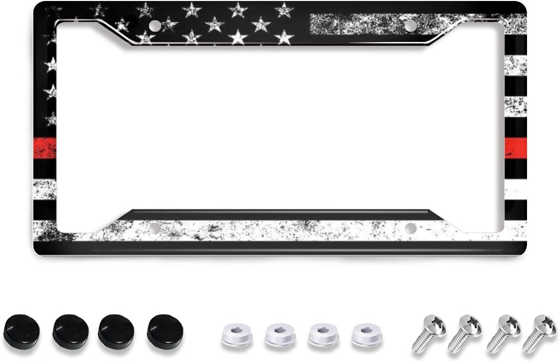 Personalized License Plate Frame Stainless Steels Red line Flag Firefighters License Plate Car Tag Holder with 4 Holes and Screws for Women Men Auto for USA Canada Vehicles Standard(12"x6")