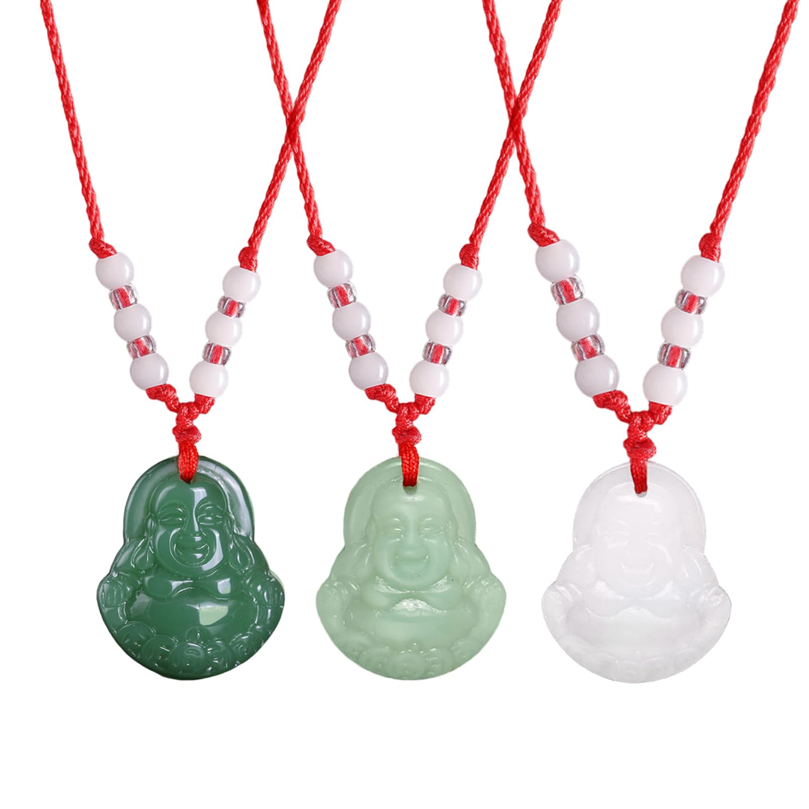 FORUBUS Green Jade Buddha Circle Red String Pendant Necklace - Chinese Traditional Amulet for Luck and Protection