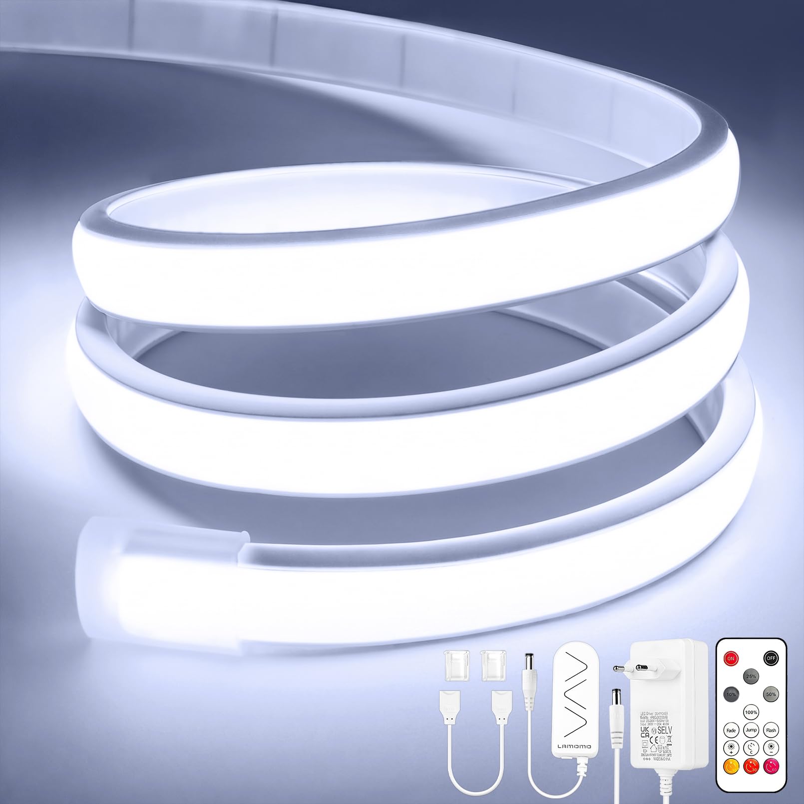 Lamomo Striscia LED COB bianca, dimmerabile, 6 m, con telecomando, 6000 K, autoadesiva, impermeabile, larghezza 10 mm, striscia luminosa flessibile in silicone per interni e armadi, CRI90+