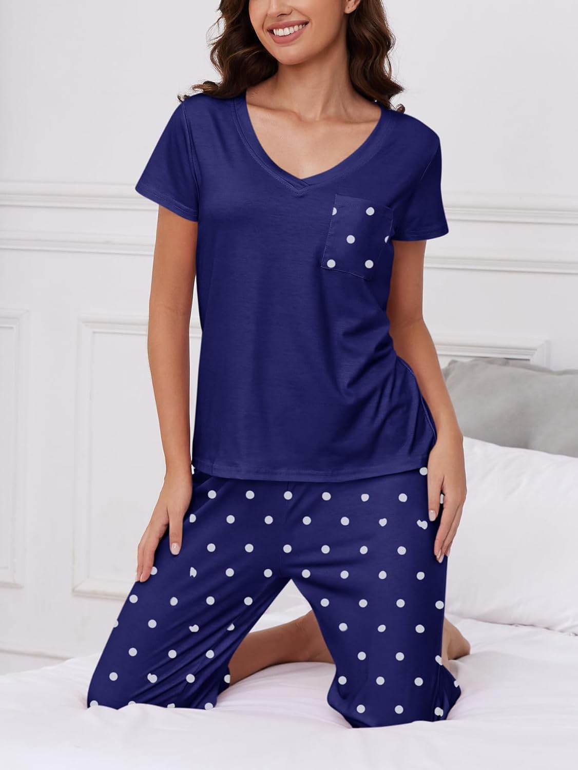 HONG HUI 2 Pack Womens Pajamas Set Short Sleeve Sleepwear Tops and Capri Pants Pjs Summer Loungewear Pj Sets S-3XL - Image 6