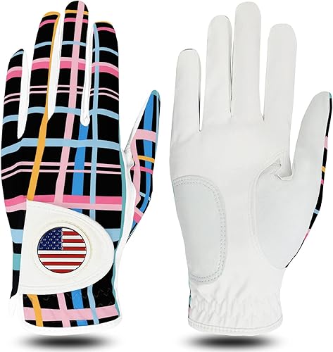 FINGER TEN Golf Gloves Women Right Handed Golfer Left Hand with Ball Marker USA Flag Ladies Breathable Soft All Weather Grip Printed Pattern Size XS