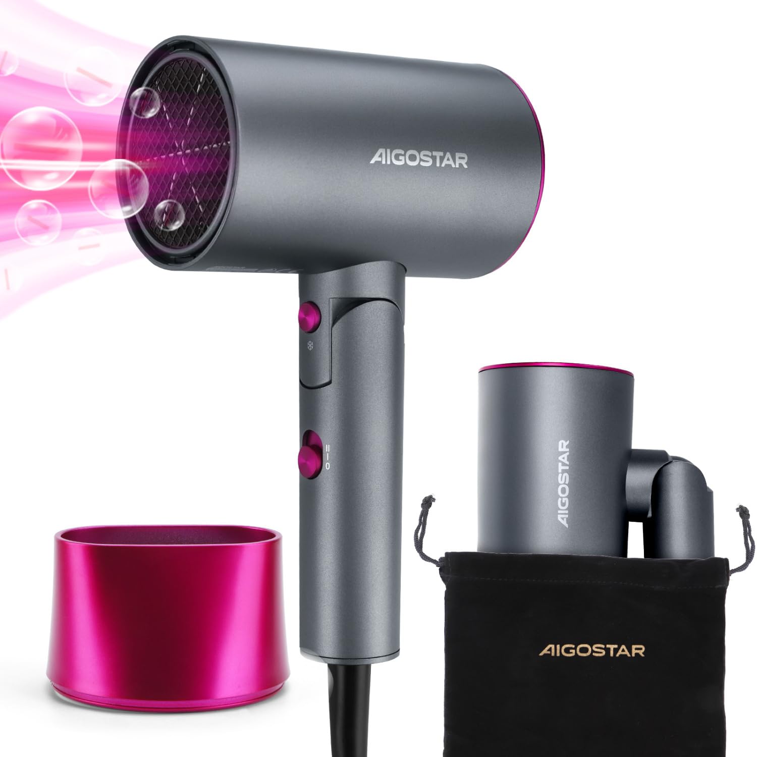 Aigostar Foldable Ionic Hair Dryer for Travel and Home, Fast Drying Hairdryer with 2 Heat&Speed Settings, Cool Shot Button, Compact Lightweight Blow Dryer with Concentrator, 2100W - Diane