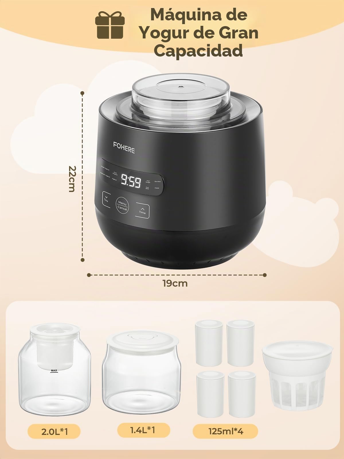 FOHERE Yogurtera con 2 XXL Tarros Capacidad de 2000 ml y 1400 ml, 4 * 125 ml Vasos y Tapa, 8 Programas Preestablecidos, Pantalla LCD, Temporizador, Potencia 20 W, Sin BPA
