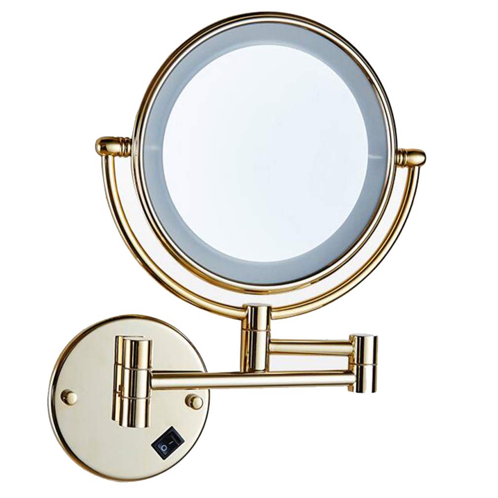 Espejo de tocador para maquillaje, espejo de belleza montado en la pared de dos caras, espejo de baño con aumento 3X, espejo cosmético giratorio extensible de 360 ° alimentado por enchufe, dorado