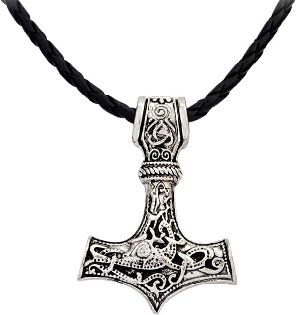 QEPOL Men Viking Leather Norse Thor's Hammer Mjolnir Celtic Knot Pendant Necklace Jewelry Scandinavian Hand Carved Skull Head Antique Silver Chain Raven Ladies Nordic Rune Talisman Saxon