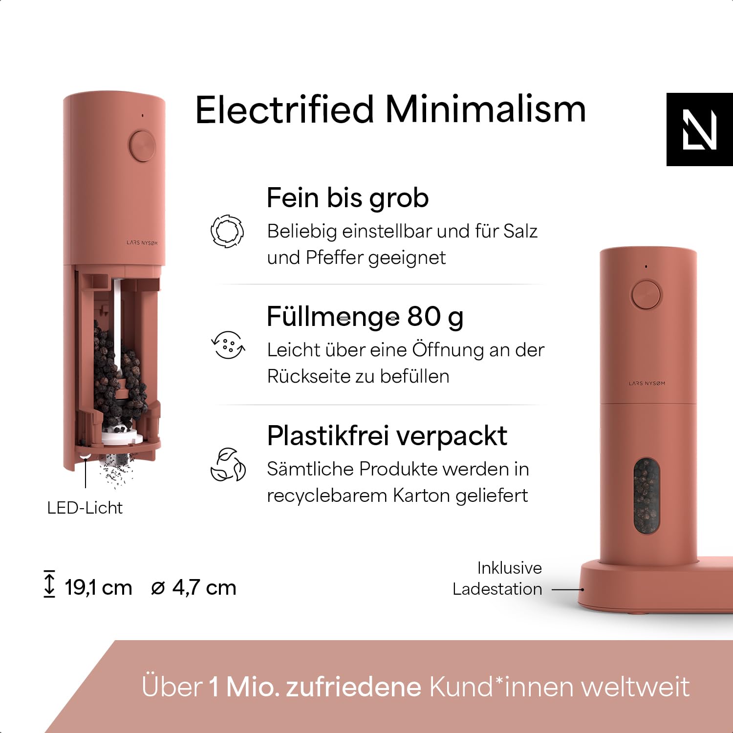 LARS NYSØM Salz und Pfeffermühlen Elektrisch Set I Keramikmahlwerk fein bis grob I USB Wiederaufladbar mit Ladestation I Automatische Salz und Pfefferstreuer I Gewürzmühlen Set (Brick Red)