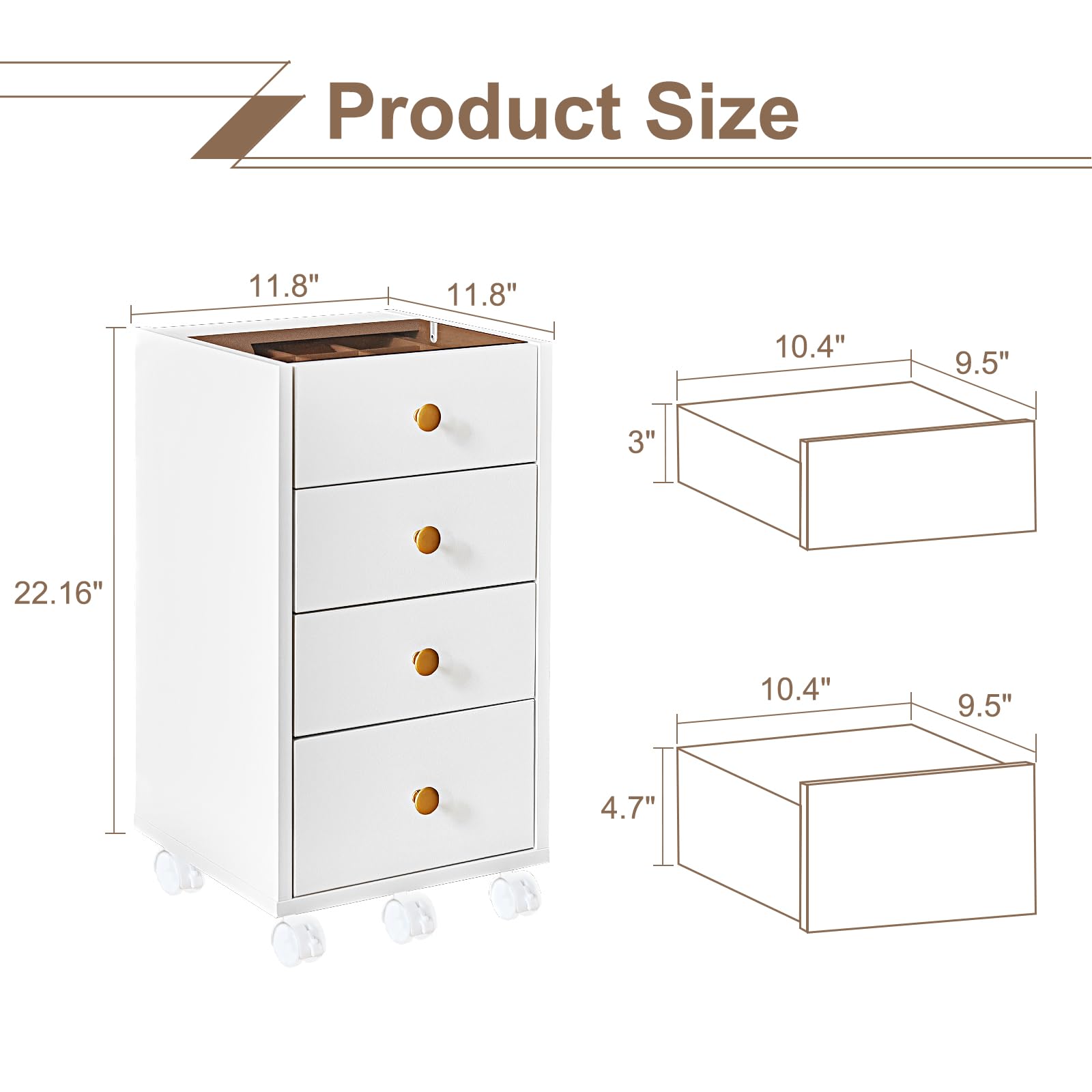 JanlyHome, piccola cassettiera con 5 cassetti, cassettiera da ufficio sotto la scrivania, armadietto in legno con piano in vetro, supporto per stampante mobile con ruote bloccabili, per casa, ufficio,