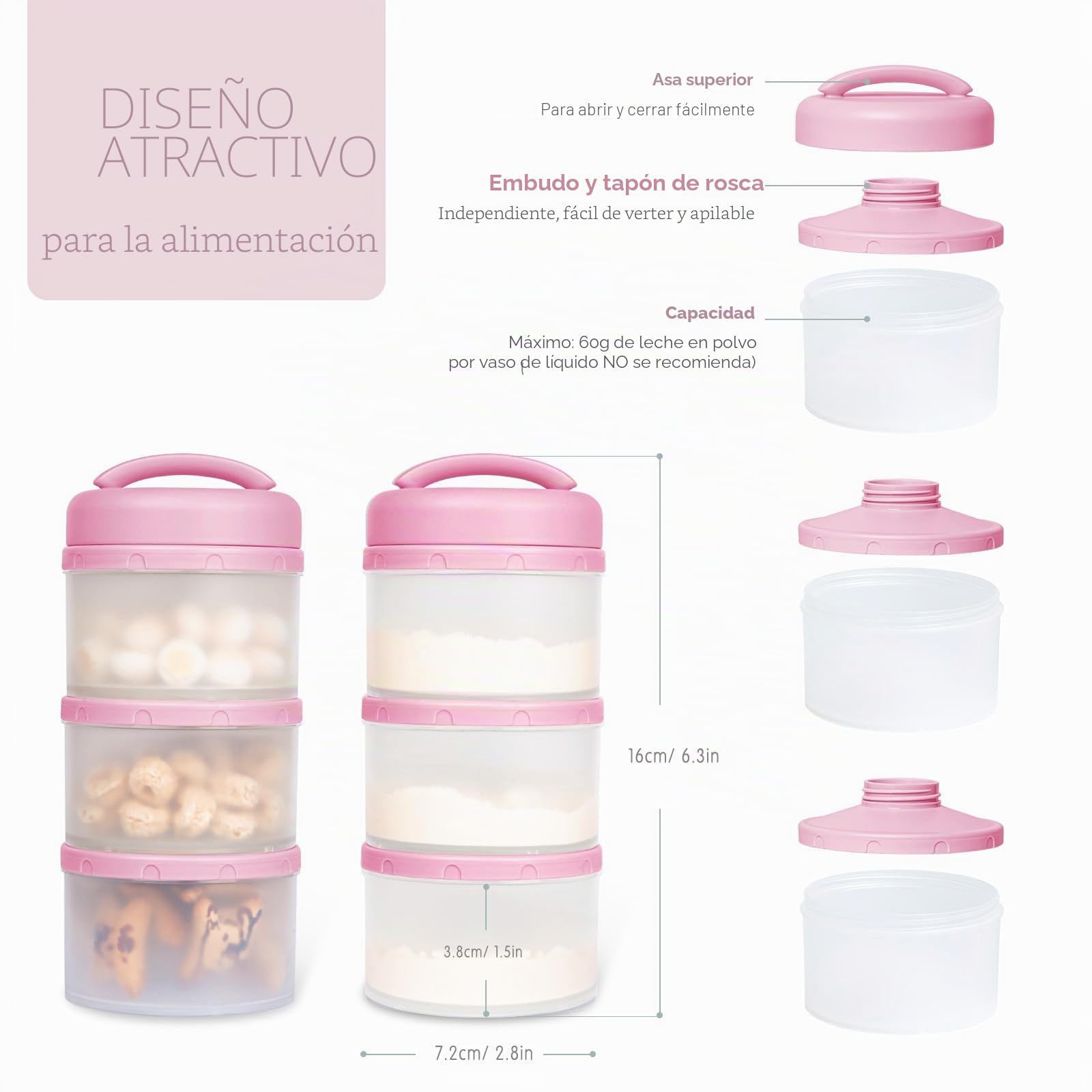 Termichy Apilable Dispensador Leche en Polvo Bebé y Cereales, 2 Paquetes (bebe rosa)