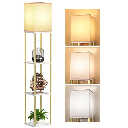 Floor Lamp with Shelves, Modern Corner Display Standing Column Shelf Lamp Etagere Organizer Tower Nightstand with White Linen Shade for Living Room, Bedroom and Office, Marble White and Gold Poles