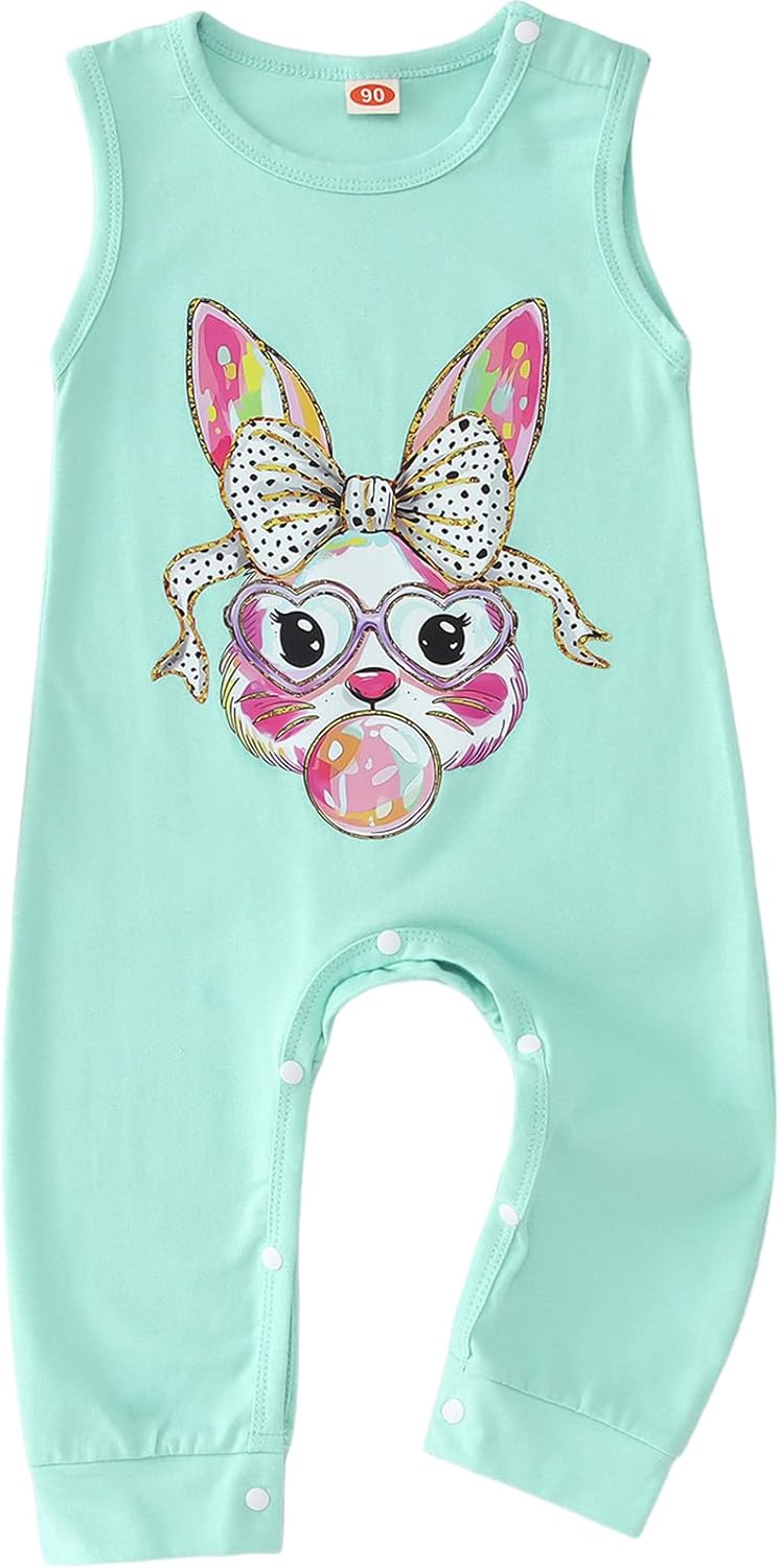 BOUTIKOME Infant Girls Easter Jumpsuit Baby Bow Bunny Blowing Bubble Gum Romper Sleeveless Onesie Easter Outfit Bodysuit Top