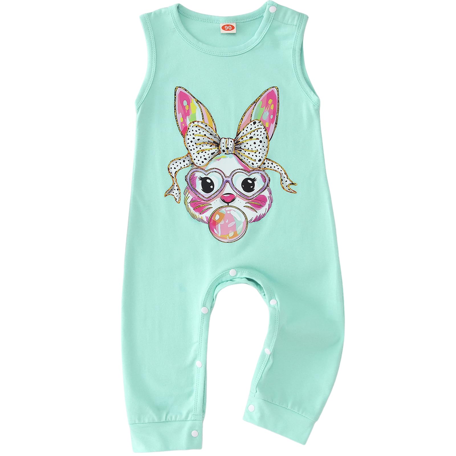 BOUTIKOME Infant Girls Easter Jumpsuit Baby Bow Bunny Blowing Bubble Gum Romper Sleeveless Onesie Easter Outfit Bodysuit Top
