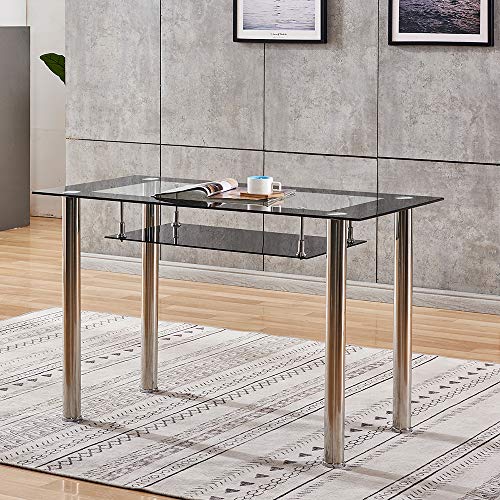 Qihang-Us Glass Dining Table With Storage Shelf, 2-Tier Kitchen Table For 2-6 People 47" Rectangular Dining Room Table With Chrome Metal Legs For Dining Guest Reception #TOP21