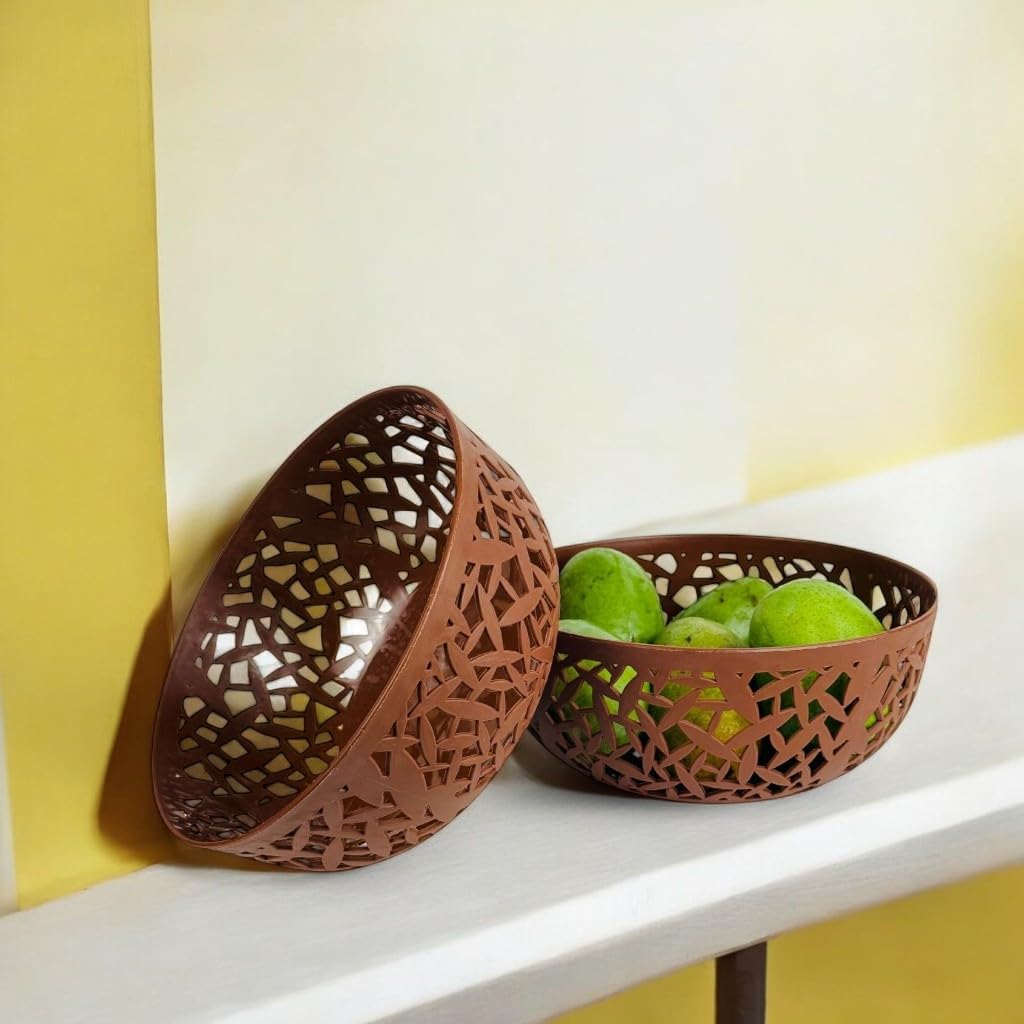 Go Hooked 21cm Plastic Fruit Bowl | Durable & Stylish 9.5cm Height Fruit Storage Organizer | Multipurpose Serving Bowl for Kitchen, Dining, & Home Décor | BPA-Free & Easy to Clean Brown Pack of 2