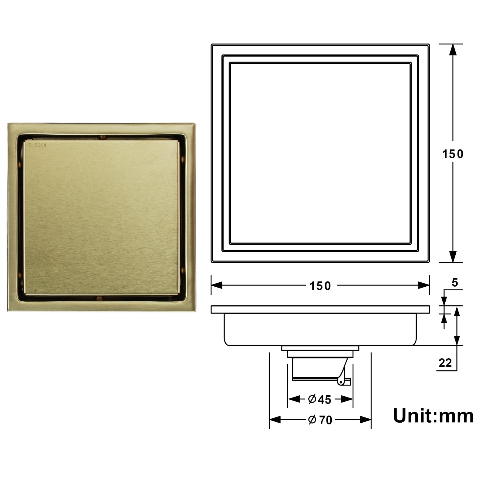 Rejilla Desague Ducha Drenaje de Piso del Cuarto de baño del Acero Inoxidable de los Accesorios 304 del Cuarto de baño, tamaño 150 * 150m m Desague Ducha(B15x15cm Black)