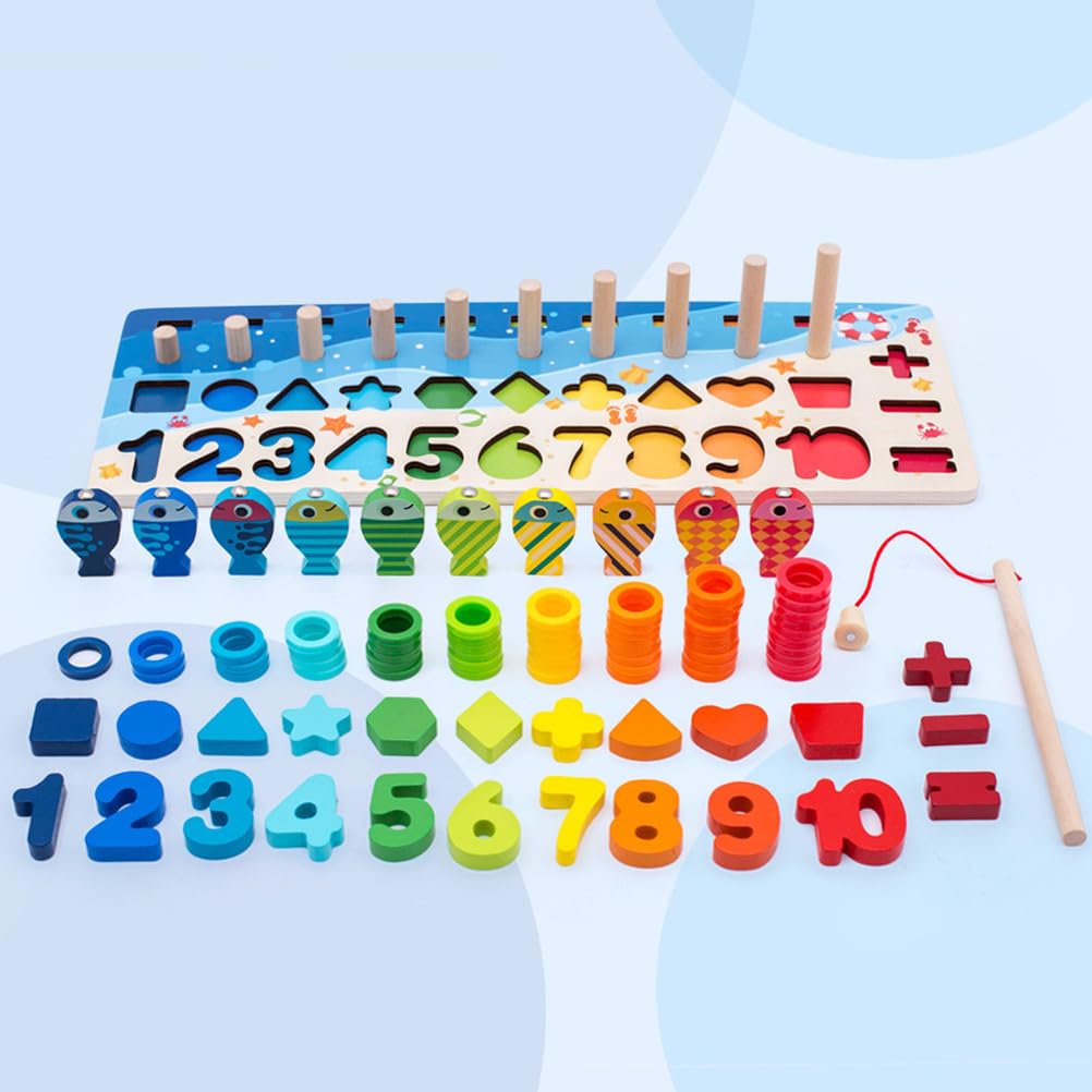 Tabellone Montessori in Legno 5 in 1 per Il conteggio, Gioco di Pesca con Forme di Numeri e Anelli impilabili