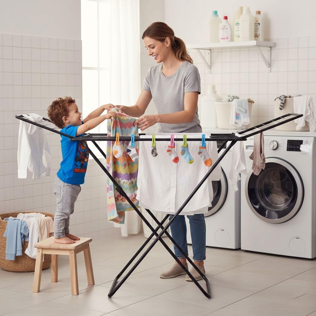 HYTAMA TOOLS Stendibiancheria AEGEANSTAR Nero da Pavimento, 18 METRI DI STENDITURA,100% Acciaio-Stendino Pieghevole con Piedini Antiscivolo, Sistema Anti-Chiusura 182x55x102cm Certificato TUV