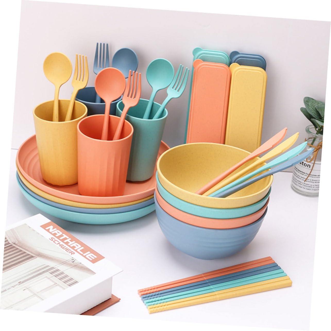 4Sets Portable Cutlery Set Wheat Straw Tableware with Plates Bowls Cups and Utensils for Microwave Use for Outdoor Dining and Quick Meals