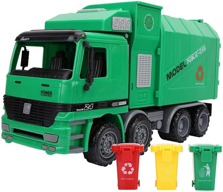 Children Simulation Inertia Garbage Truck Sanitation Car Model Toys With Three Trash (Color : ABS)