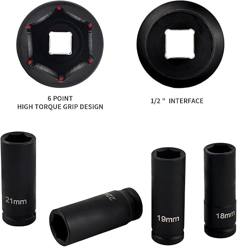Miniatura 3 de Juego de llaves de vaso de impacto profundo de 12 pulgada, 14 piezas de 6 puntos, tamaños métricos de 0.433-1.260 in (11 12 13 14 15 17 18 19 21 22