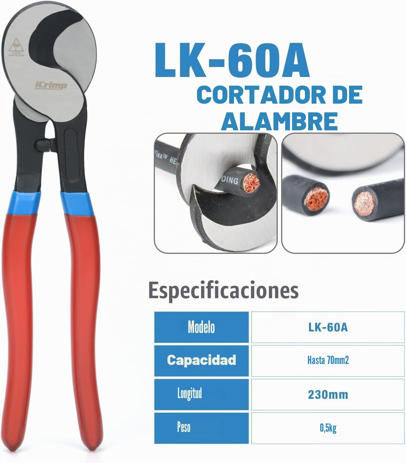 iCrimp - Juego de alicates para cables de batería, alicates para zapatos de cobre robustos y conectores planos, alicates de conexión a tierra de 6-50 mm² con cortador de alambre y cuchilla pelacables