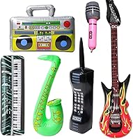 Inflatable Rock Star Party Props Set: 6pc Guitar Sax Mic Piano Boombox Phone for 70s 80s 90s Themes & Photo Booths