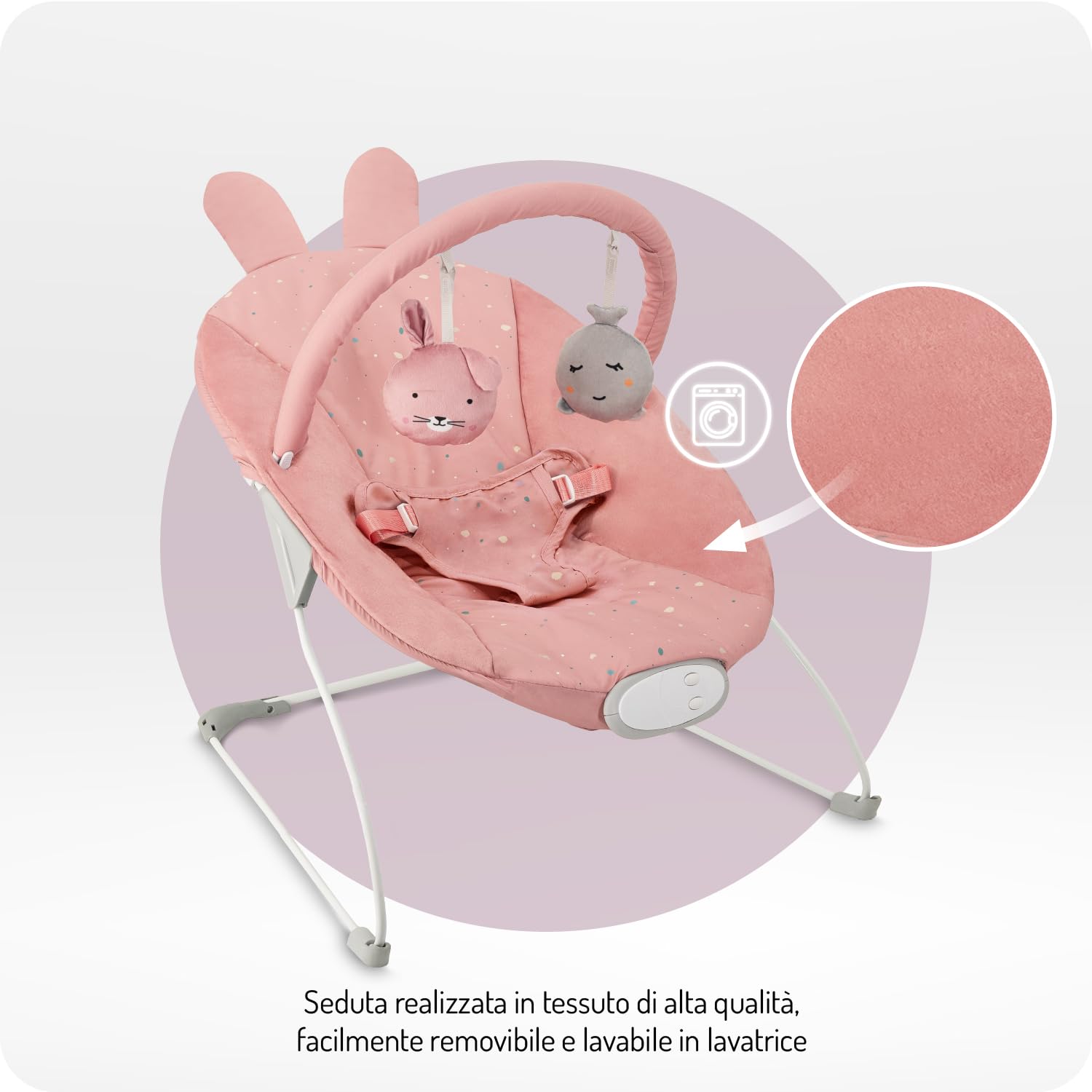 MoMi GLOSSY sdraietta per bambini fino a 9 kg, cintura 3 punti, struttura in metallo con piedini antiscivolo, 1,7 kg, 58×49×53 cm, modulo sensoriale per lo sviluppo del bambino
