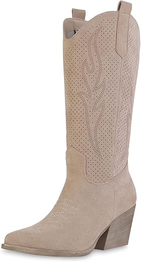VAN HILL Damen Cowboystiefel mit Trichterabsatz Stickereien Cut-Outs