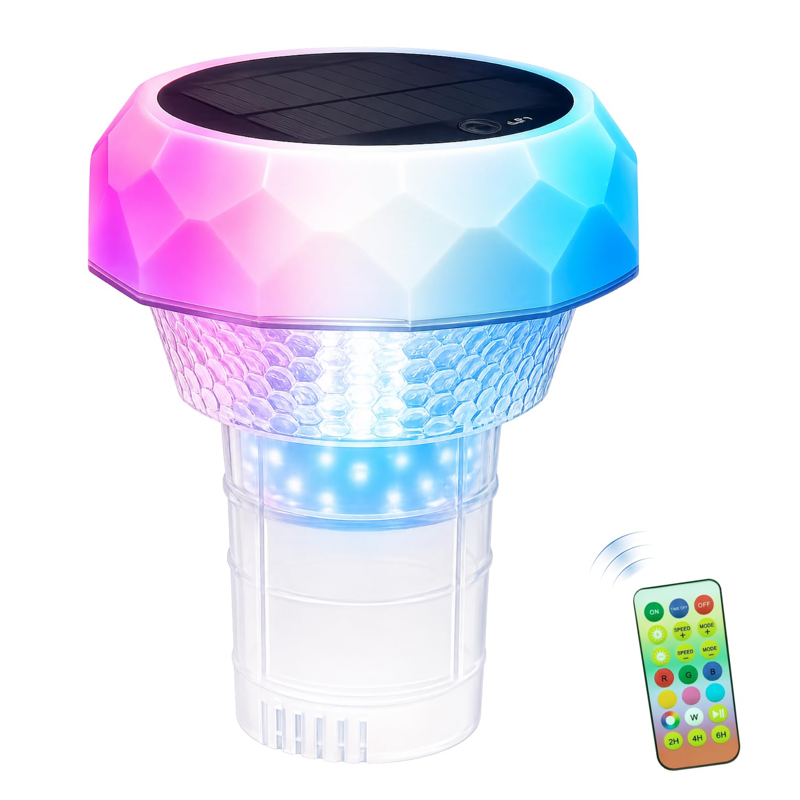 LED ATOMANT Dosificador Cloro Piscina Flotante con Luz Solar LED, Dispensador Cloro con Mando a Distancia, Luces Sumergibles RGB, Temporizador, IP68 Impermeable, Luces Flotantes para Jardin