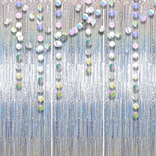 ZCOINS 3 Piece Silver Tinsel Curtain & 3 Strings Iridescent Paper