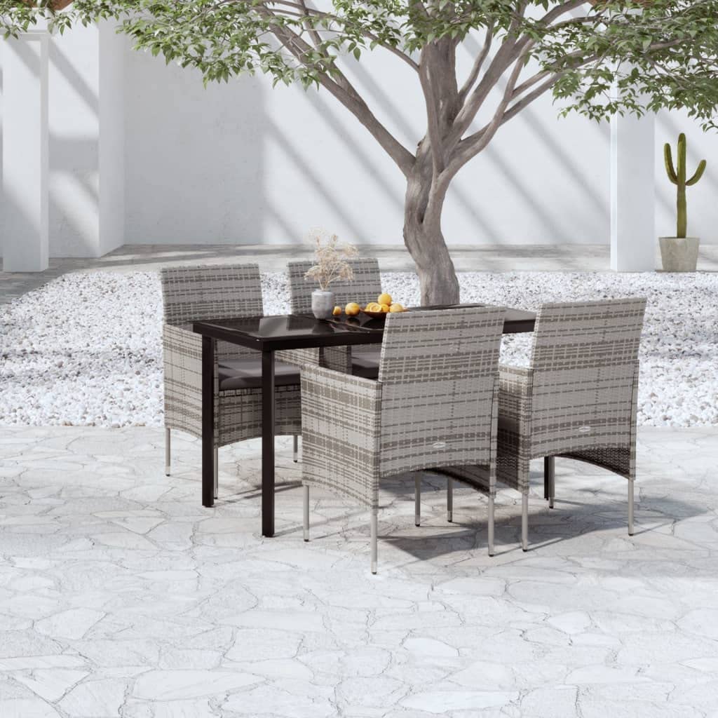 Juego de muebles de jardín de ratán de polietileno, color gris, negro, acero pulverizado, 140 x 70 cm, 4 sillas con cojín, juego de muebles de patio al aire libre