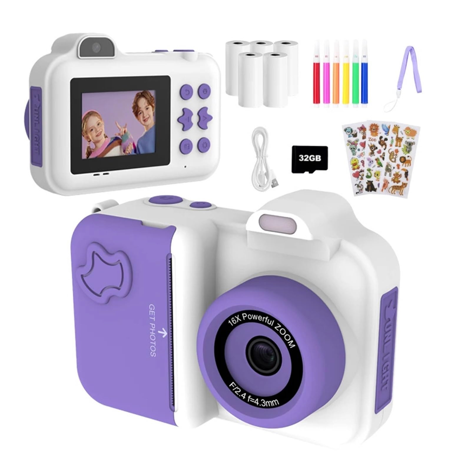 Fotocamera a stampa istantanea for bambini Mini videocamera digitale Doppia lente Stampa fotografica Carta termica Giocattoli Fotocamera Ragazzi Ragazze Regali(White Purple)