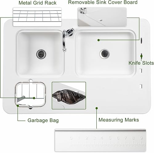 Miniatura 3 de VINGLI Mesa plegable de limpieza de peces con 2 fregaderos, mesa de campamento portátil para exteriores con rejilla y rociador, mesa de corte con