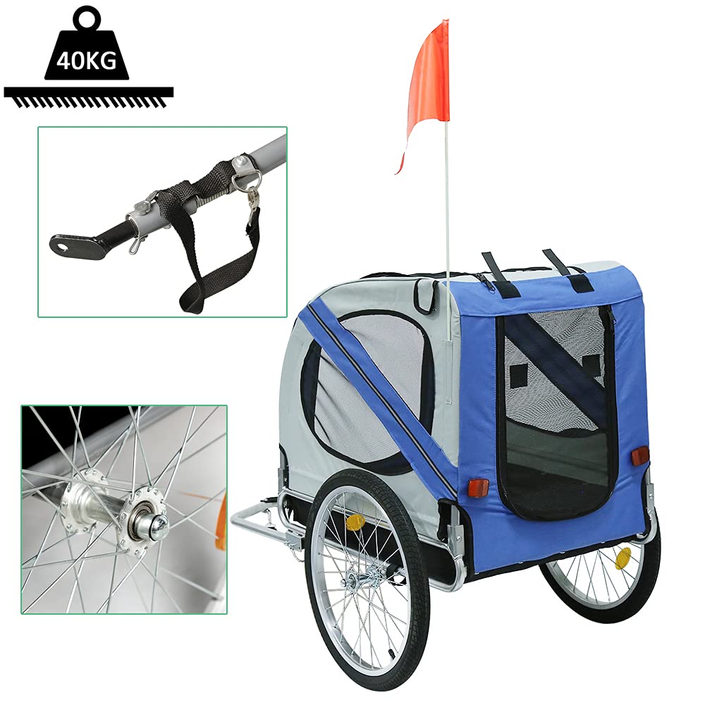 Remorque vélos pour Chiens, Remorque à Vélo Pliable, Remorque de Vélo Universel en Tissu Oxford avec Reflecteurs, env. 73×137×90 cm, Charge Max. 40 kg, Bleu-Gris