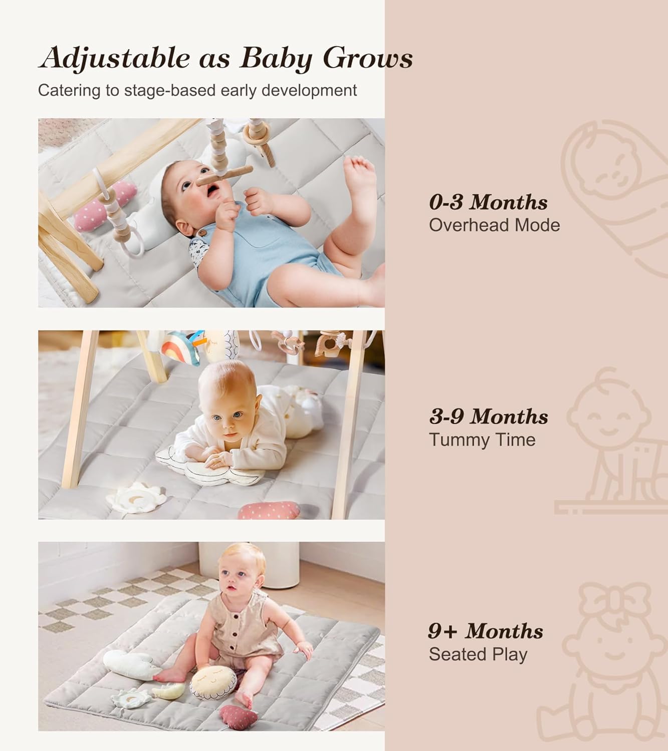 Gimnasio de juegos de madera con tapete beige, gimnasio plegable para juegos de bebé, tapete de actividad infantil con 6 juguetes colgantes, centro de actividades de marco de madera de pino natural