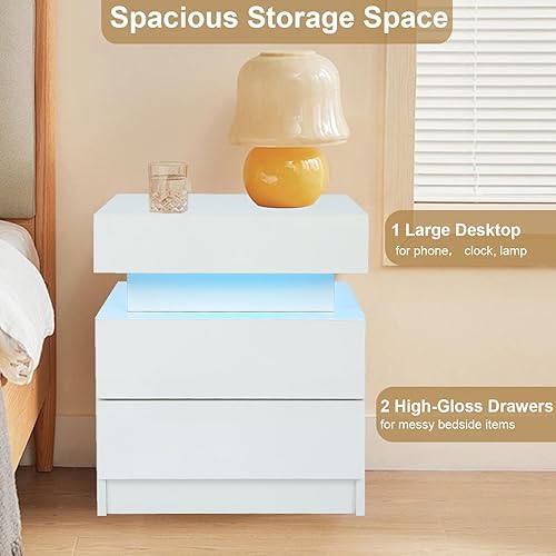 Miniatura 3 de Mesita de noche LED con 2 cajones de alto brillo, moderna mesita de noche blanca con espacio de almacenamiento oculto abatible, mesita de noche para