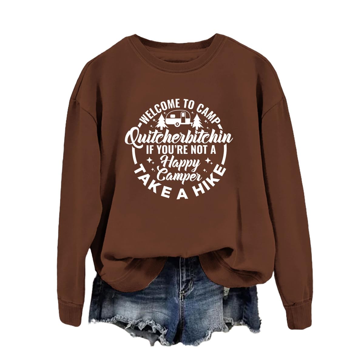 QPAZMEC Camping Sweatshirt for Women Welcome To Camp Funny Letter Graphic Pullover Shirts Casual Camp Hiking Outdoor Tops Coffee