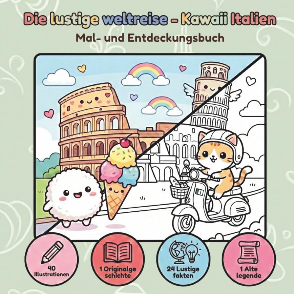Die Lustige Weltreise: Kawaii Italien - "Bold & Easy" Malbuch: Mal- und Entdeckungsbuch - Entdecke das Dolce Vita mit Mochi und Tama: 40 Süße Bilder, lustige Fakten und italienische Kultur für Kinder.
