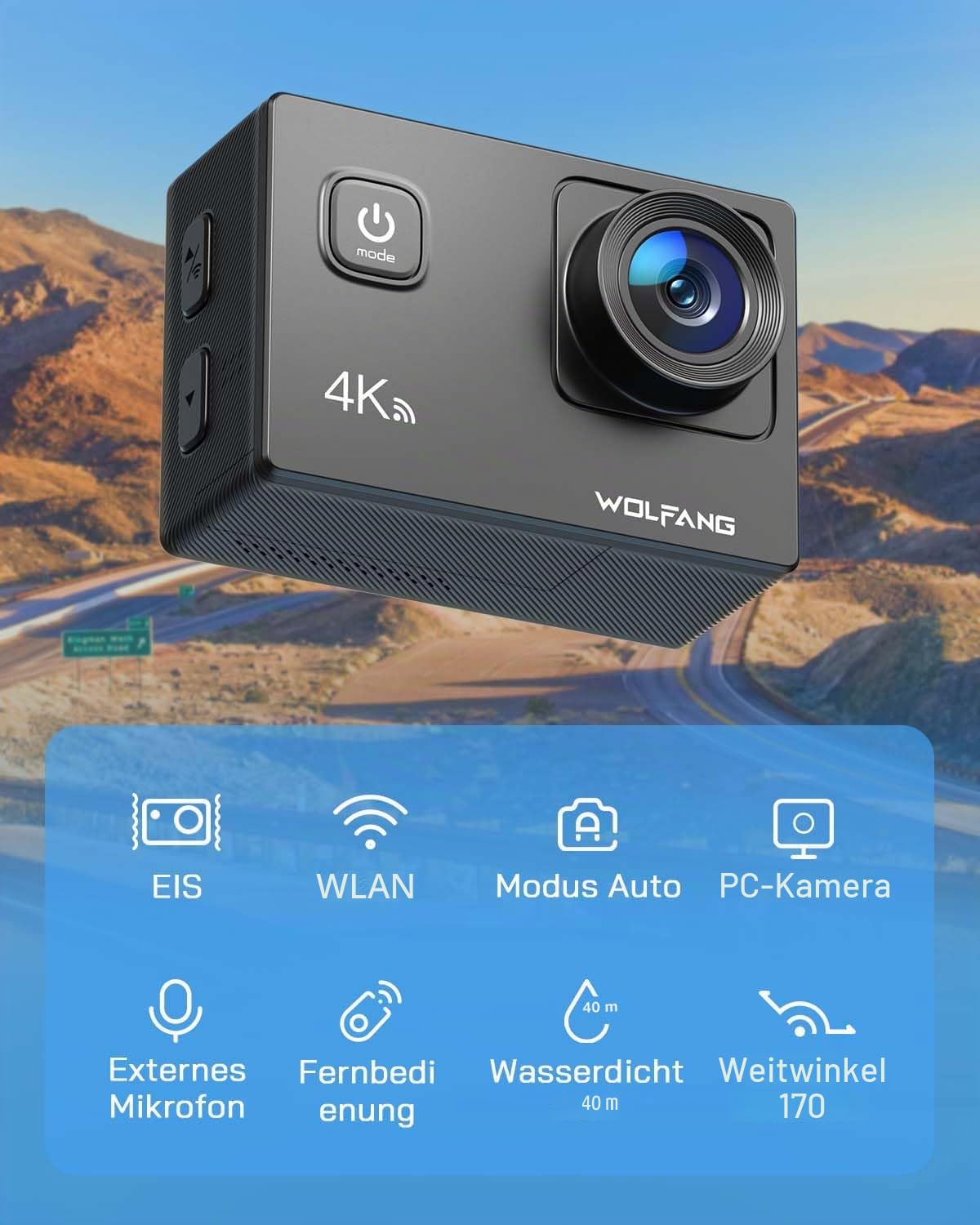 WOLFANG Action Cam 4K 30FPS 20MP mit 32GB microSDXC WiFi 40M Unterwasserkamera Wasserdicht EIS Actioncam Zubehör Kit