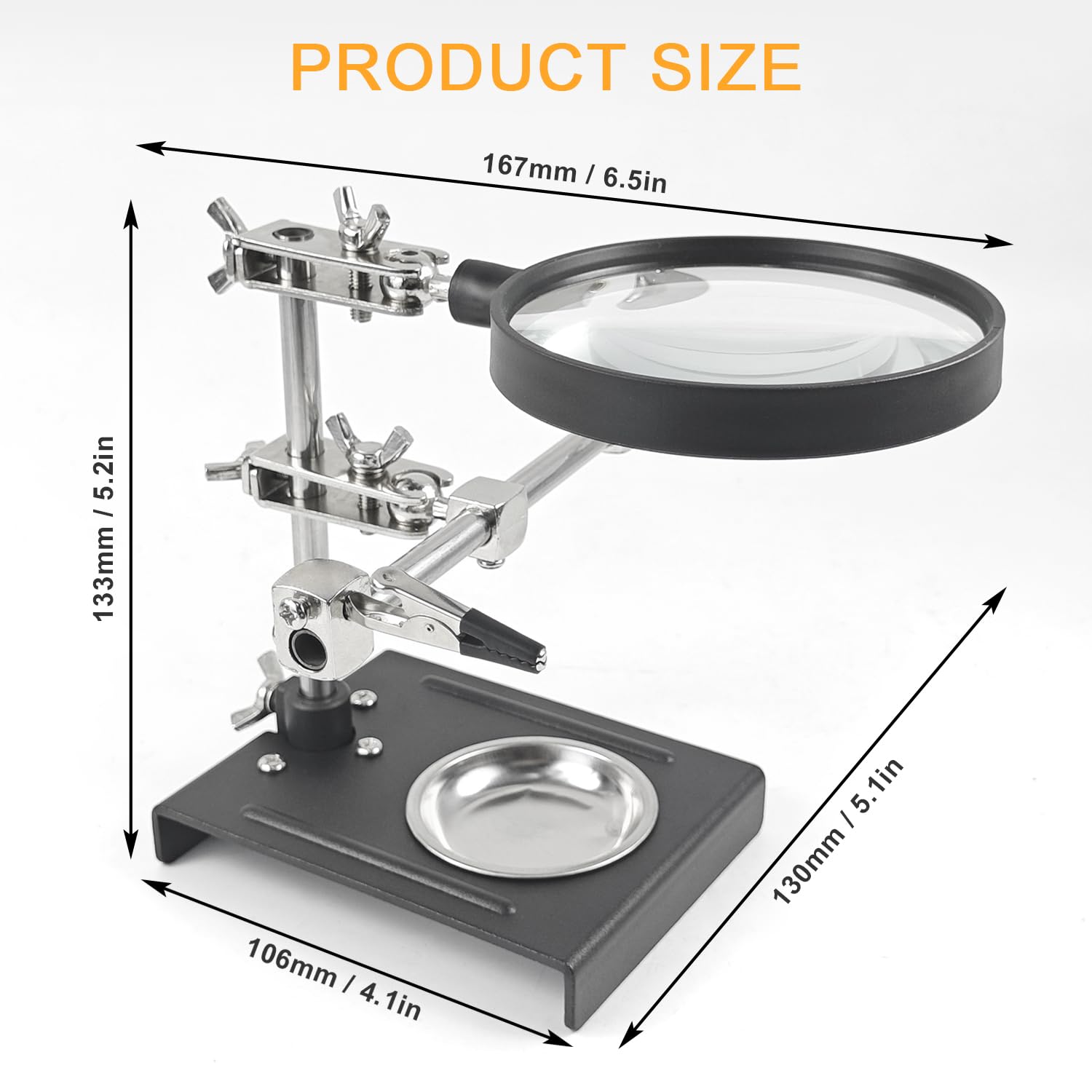 17 × 13 × 14 cm Strumento di Saldatura ad Alta Risoluzione, Supporto Regolabile, Lente D'ingrandimento 5x, Strumenti di Saldatura a Terza Mano, per la Riparazione di Prodotti Elettronici (argento)