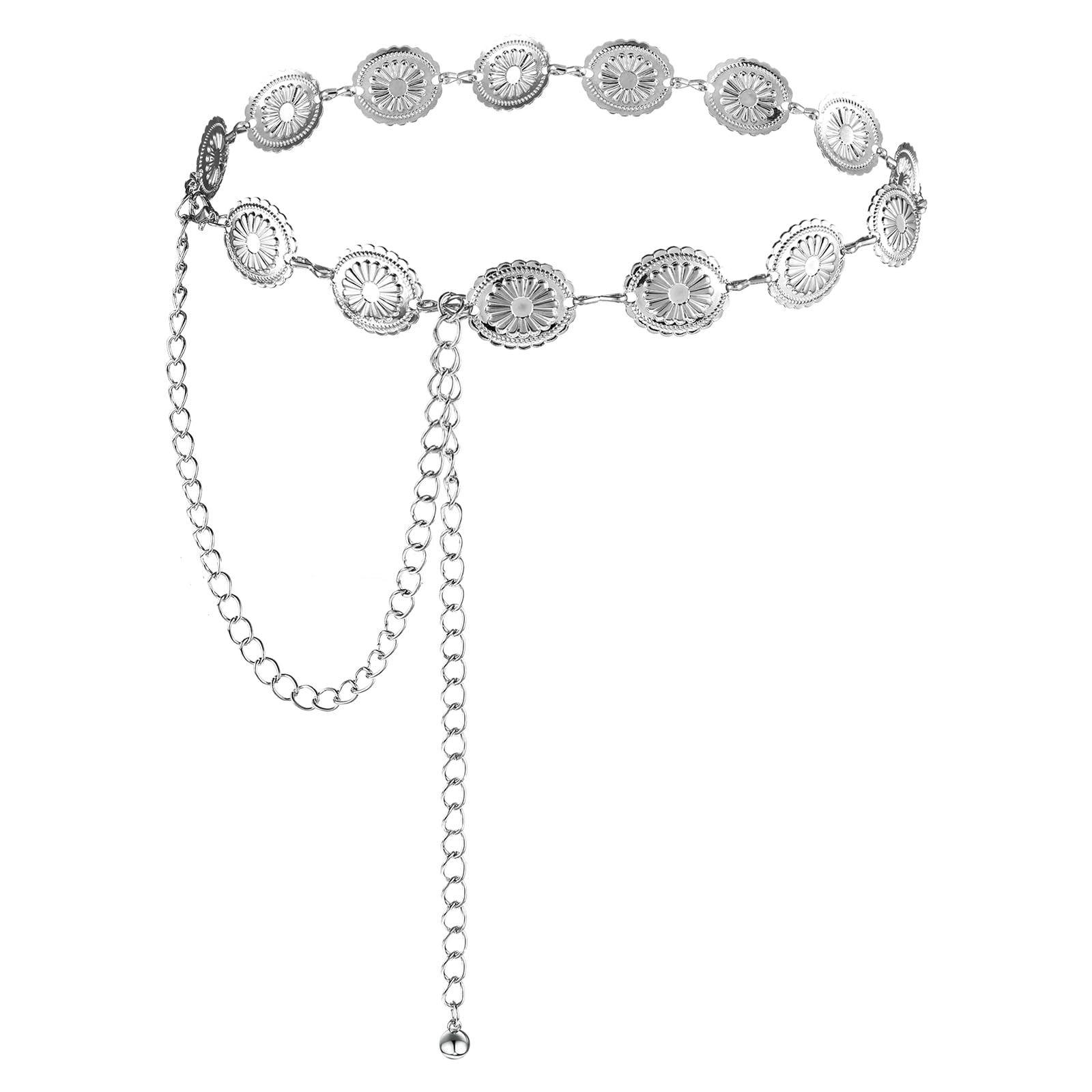 Western Belts for Women Cowgirl Boho Concho Chain Waist Belt Silver Adjustable Daisy Sweater Belt for Country Concert