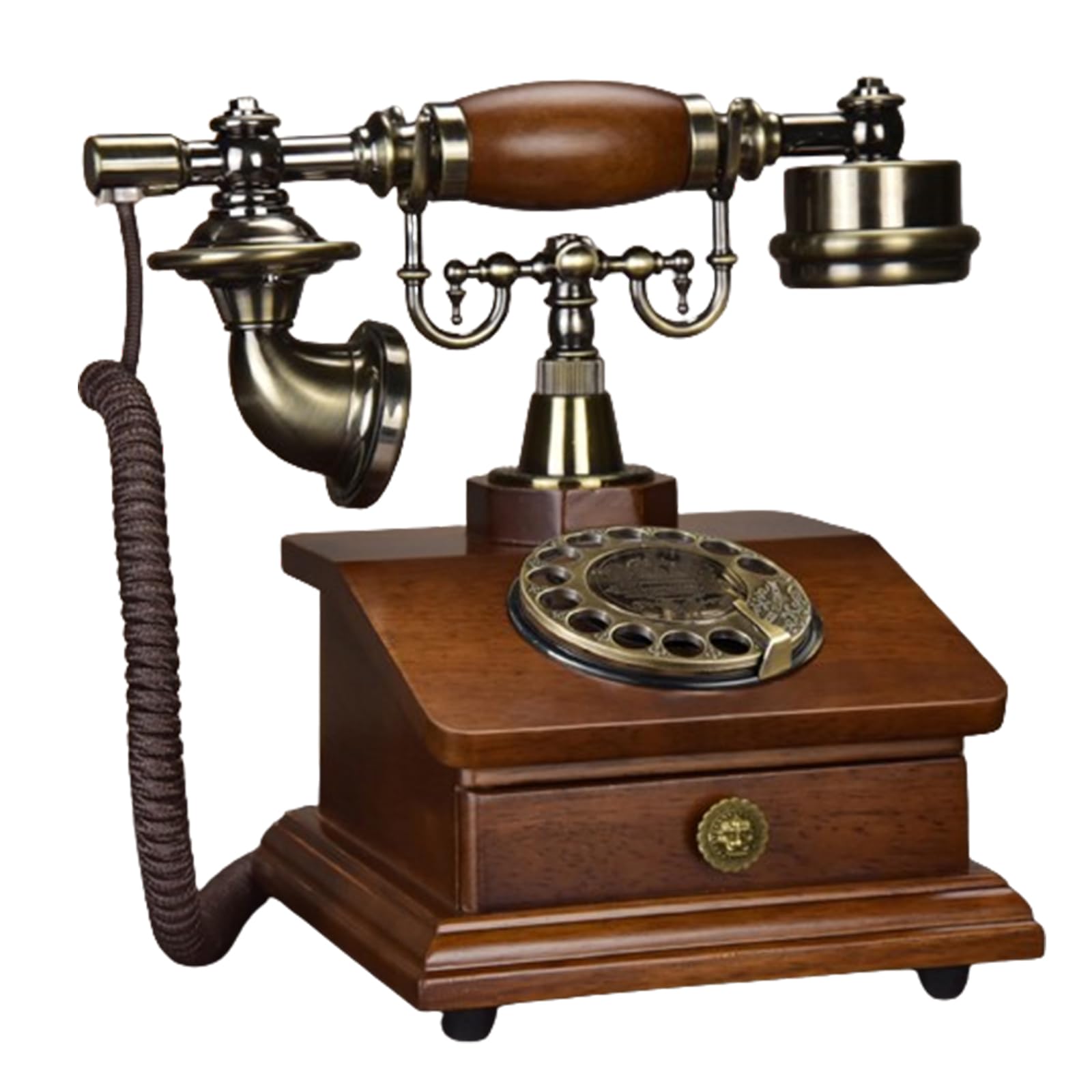 Teléfono retro de madera – Teléfono fijo de escritorio con esfera giratoria vintage para el hogar y la oficina – Diseño clásico para estética nostálgica – Conexión con cable para un uso fiable