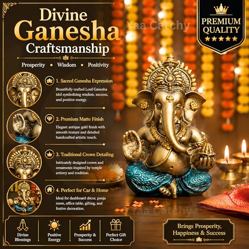 Image of Antique Gold Ganesha Idol Car Dashboard Idol Ganesha Murti Ganpati Idol for Home Decor Pooja Lord Ganesh Statue Gift for Office Desk Pooja Room (Ganesha Antique Gold)
