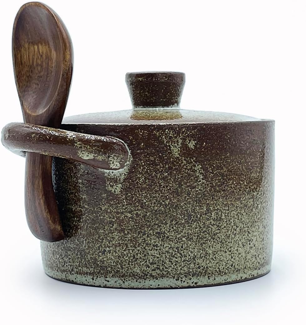 YILUSHENGHUA 8oz Handcrafted Terracotta Ceramic Salt Cellar with Lid & Wooden Spoon - Rustic Spice Jar Kitchen Decor