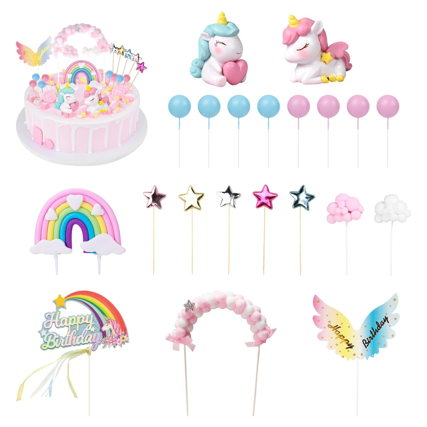 MEMOFYND 1 Set Of Colorful Cake Decorations, 1 Piece Of Happy Birthday Inserts, Pony Cake Topper, Colorful Decorations For Girls, Birthday Party Decorations