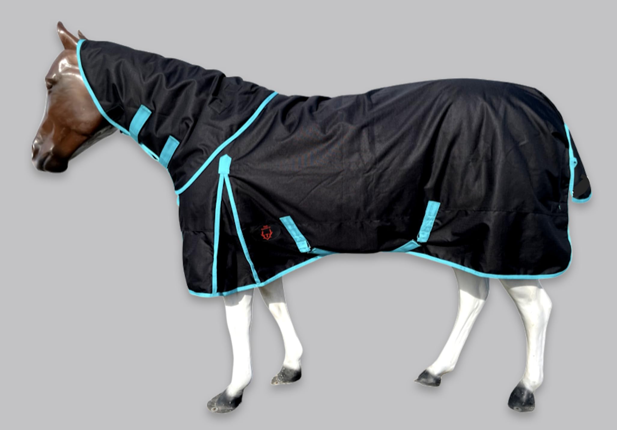 Horse RAIN Sheet with Neck Cover | 1200Denier Horse Rainsheet with Hood | Horse Turnout Sheet With Neck |Horse Rainsheet Combo (Waterproof | Breathable) (Black-with-Turquoise-Trim, 84)