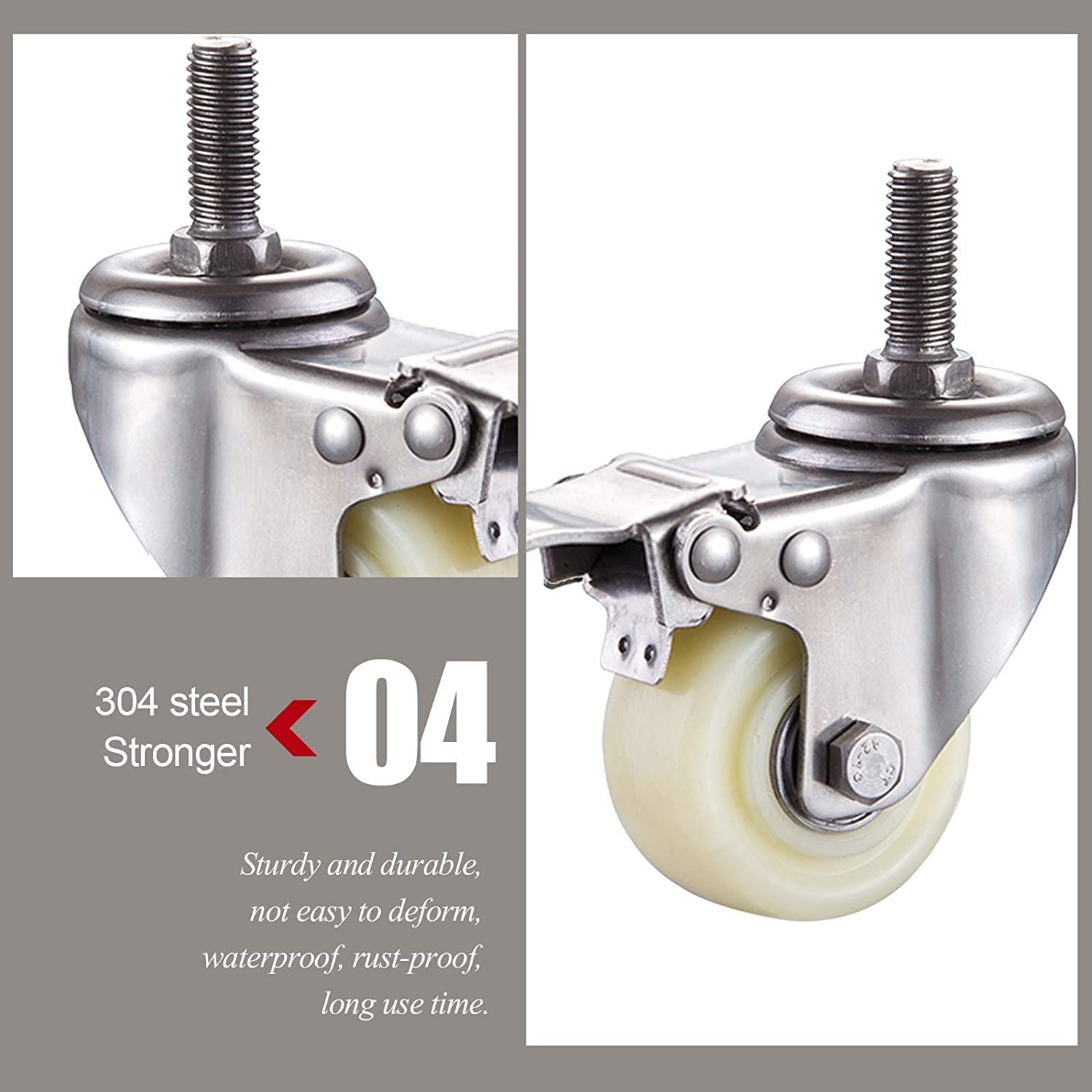 Ruote di Trasporto in Nylon, Ruote, Filettatura: M8/M10/M12, Ruote in Acciaio Inox 304, Cuscinetti a Sfera, Carico 400 kg, 4 Ruote Senza Freno