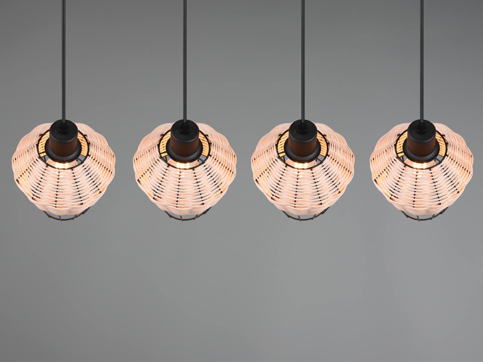 Lampa wisząca LED, czarna, rattanowa, naturalna, 4 źródła światła